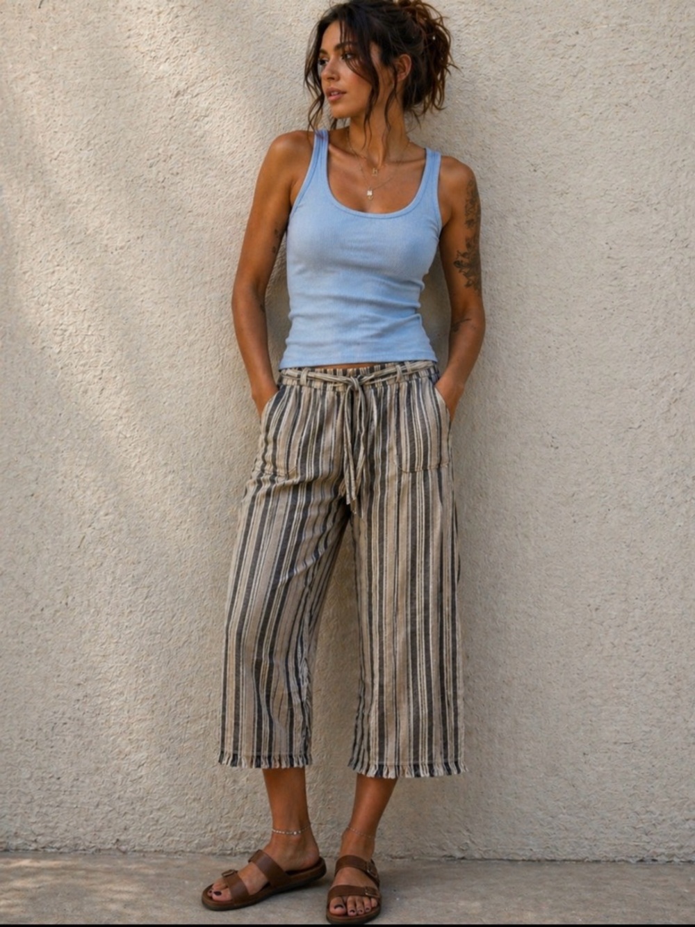 Caslon linen blend pants, women’s size large.  Tan, white and black stripe. EUC